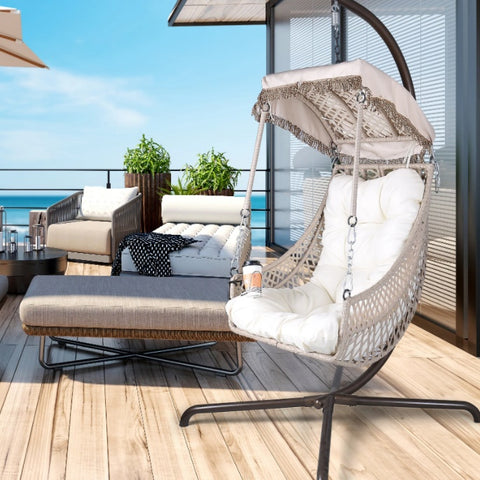 Indoor And Outdoor Swing Egg Chair With Stand, Beige UV Protection Cushion Hanging Chair With Cup Holder