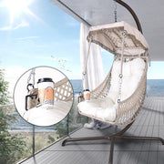 Indoor And Outdoor Swing Egg Chair With Stand, Beige UV Protection Cushion Hanging Chair With Cup Holder